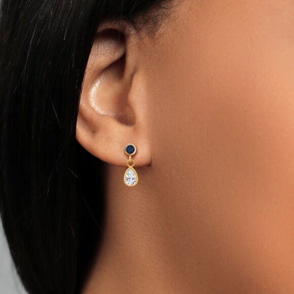 14K Yellow Gold with 1.10 Cttw White Moissanite and Blue Sapphire Post Earrings - Picture 3 of 4